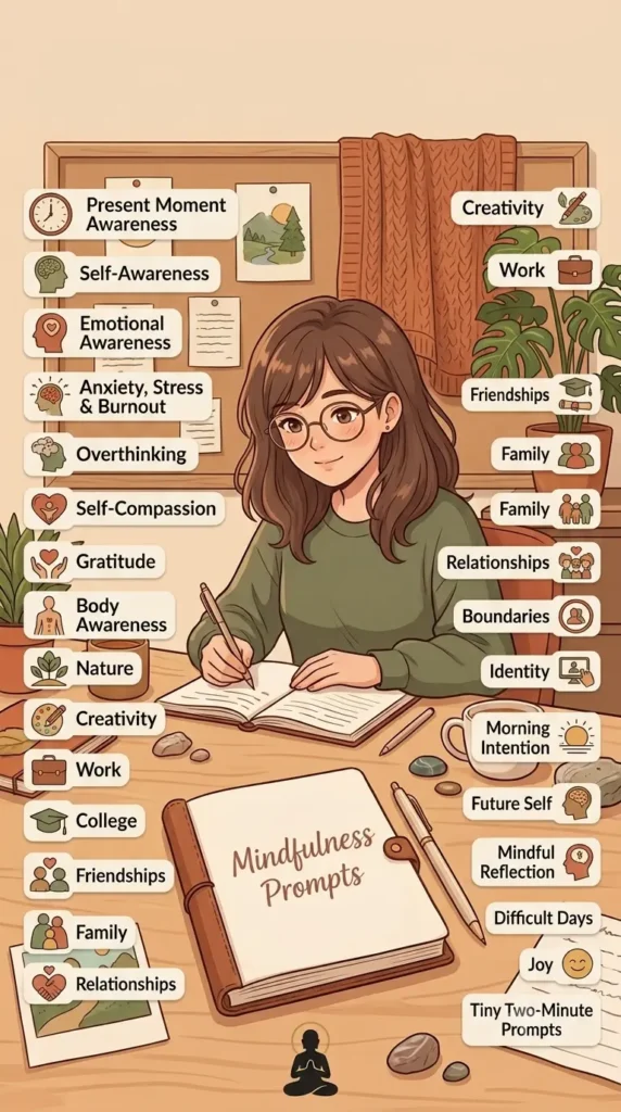 300+ mindfulness journal prompts for self-awareness and daily reflection.