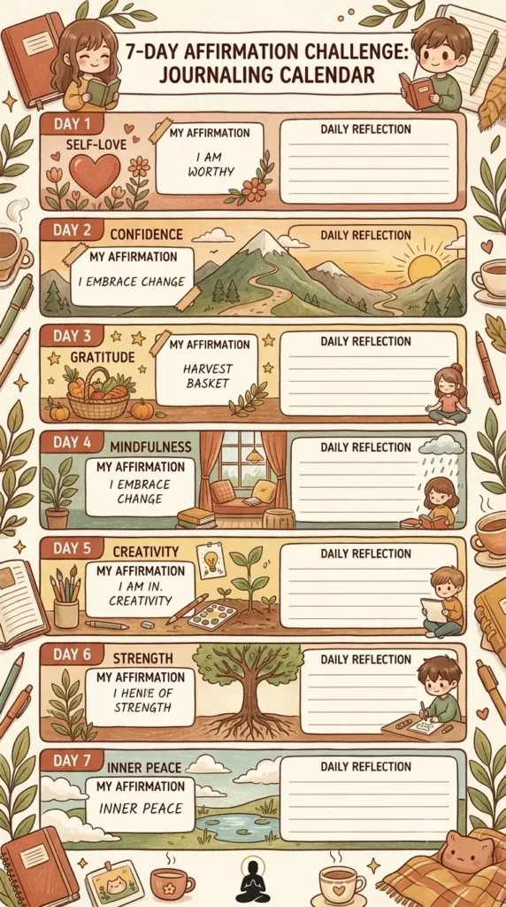 7-day affirmation journaling challenge printable for Gen Z self-reflection.
