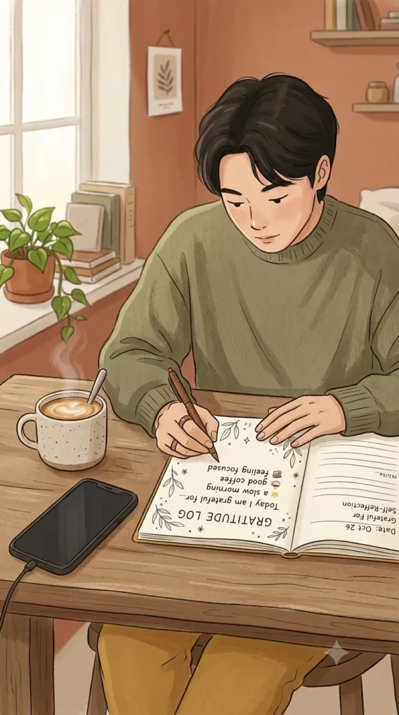 Gen Z using a gratitude log printable away from digital distractions