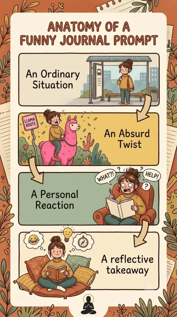 Anatomy of a funny journal prompt infographic explaining how humour encourages self-reflection.