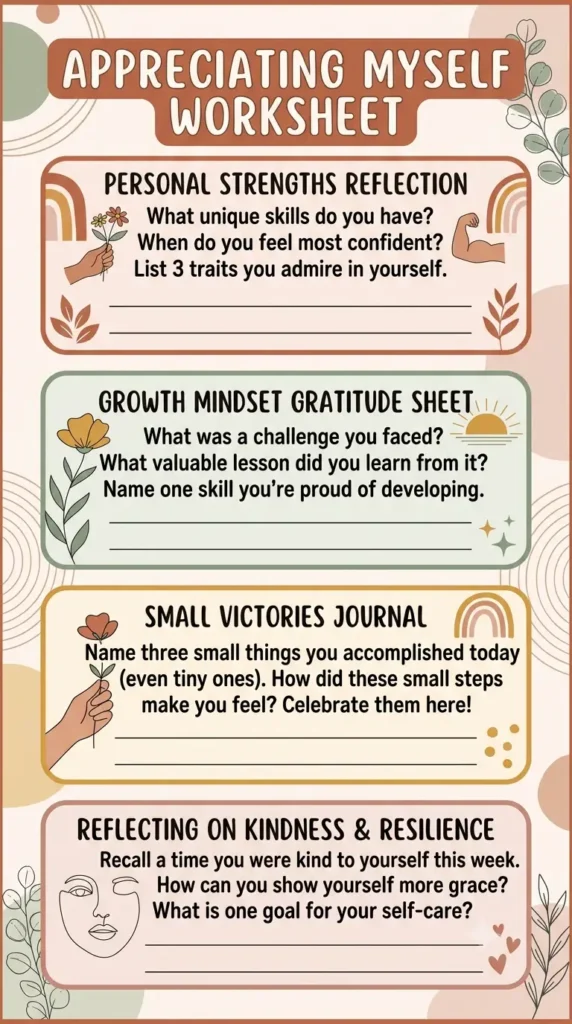 Self appreciation gratitude worksheets