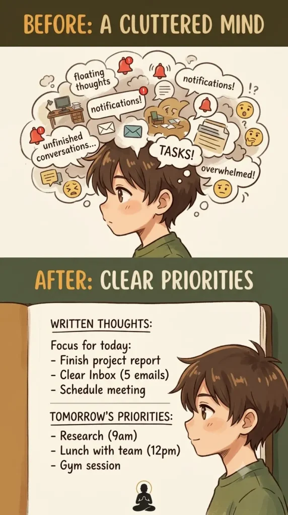 cluttered mind versus clear mind after night journaling.