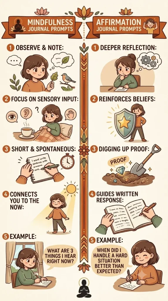 Comparison between mindfulness journal prompts and affirmation journal prompts with examples and benefits.