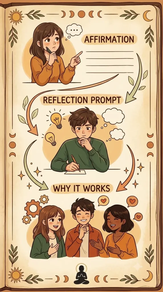 Example of an affirmation journal prompt with affirmation, reflection question, and explanation