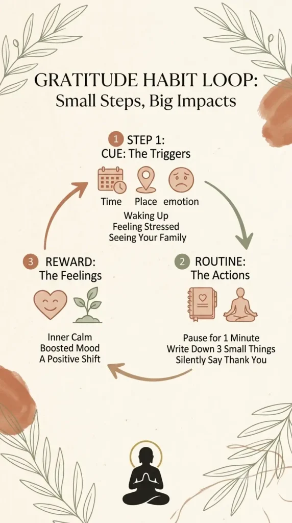 Habit loop showing how to practice gratitude daily using cue, routine, and reward.