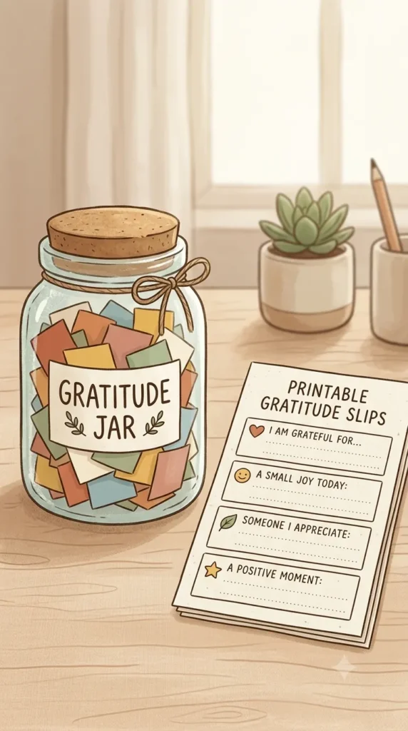 A glass jar filled with colorful gratitude notes beside printable gratitude slips