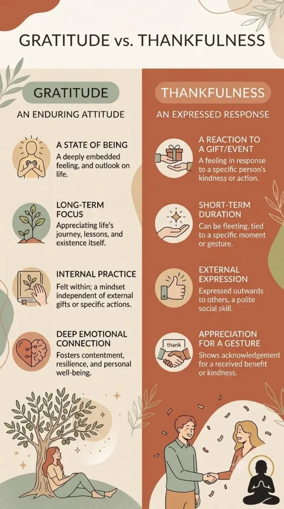 Gratitude vs thankfulness comparison explaining how to practice gratitude daily