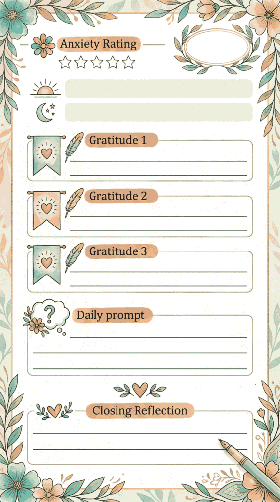 Sample five-minute gratitude journal layout for managing anxiety.