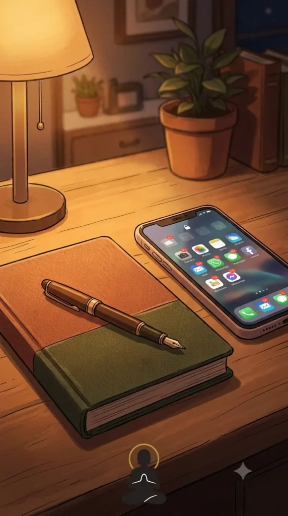 phone notifications beside a closed journal at night.
