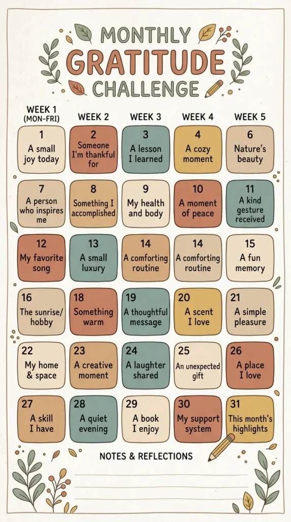 monthly gratitude challenge printable PDF"