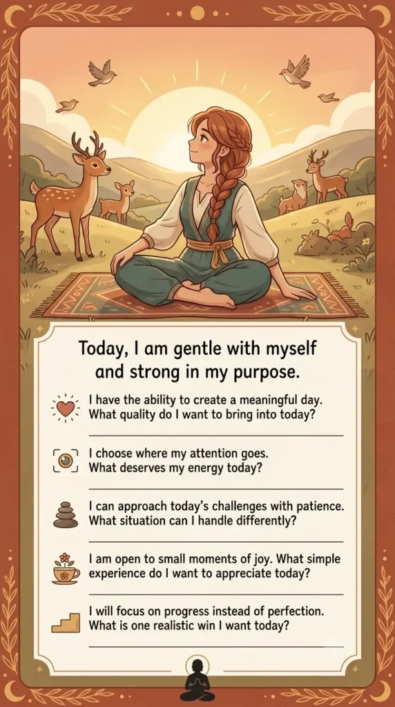 Morning affirmation prompts journal card for setting daily intentions.