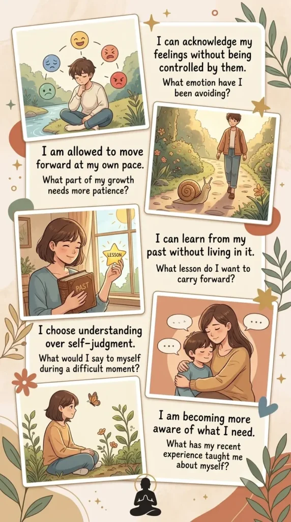 Printable affirmation journal prompt cards for different areas of personal growth.