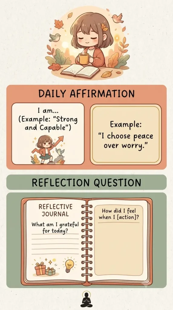 Printable affirmation journal prompt card with self-reflection exercise.