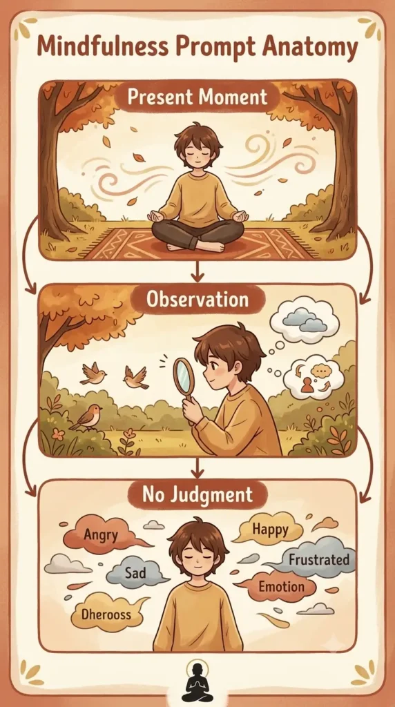 Mindfulness prompt anatomy infographic showing how mindfulness journal prompts focus on present-moment observation without judgment.