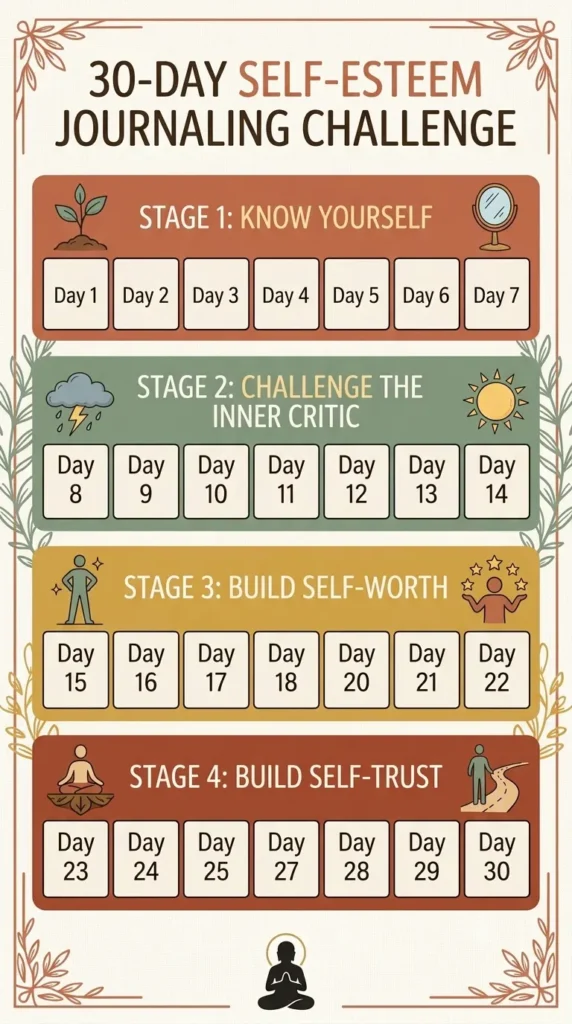 30-day self-esteem journal prompts challenge calendar.