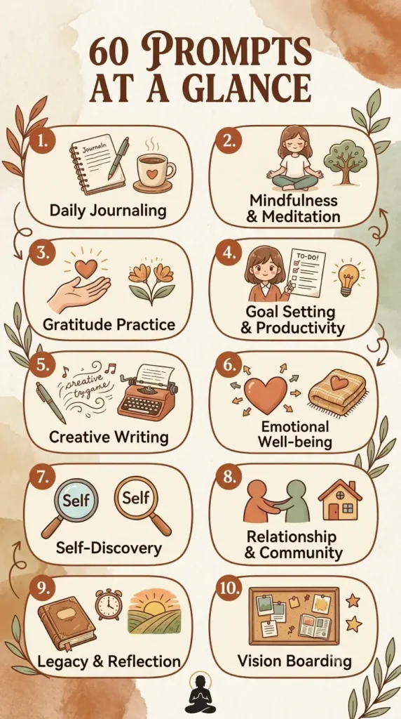 60 morning journal prompts for Gen Z adults organized by mood, gratitude, productivity, digital life, relationships, and self-reflection.