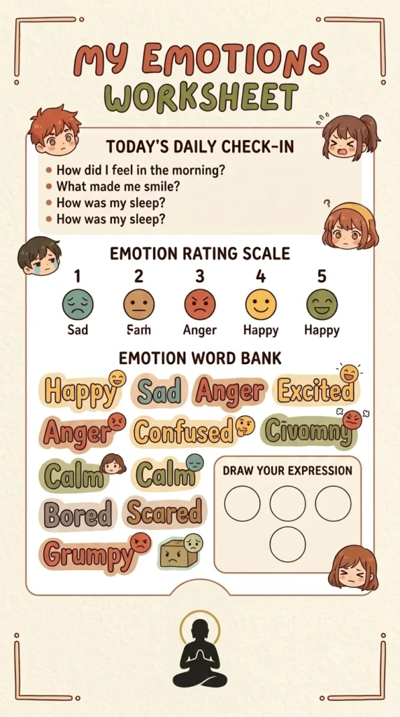 my emotions worksheet for kids daily feelings check-in.