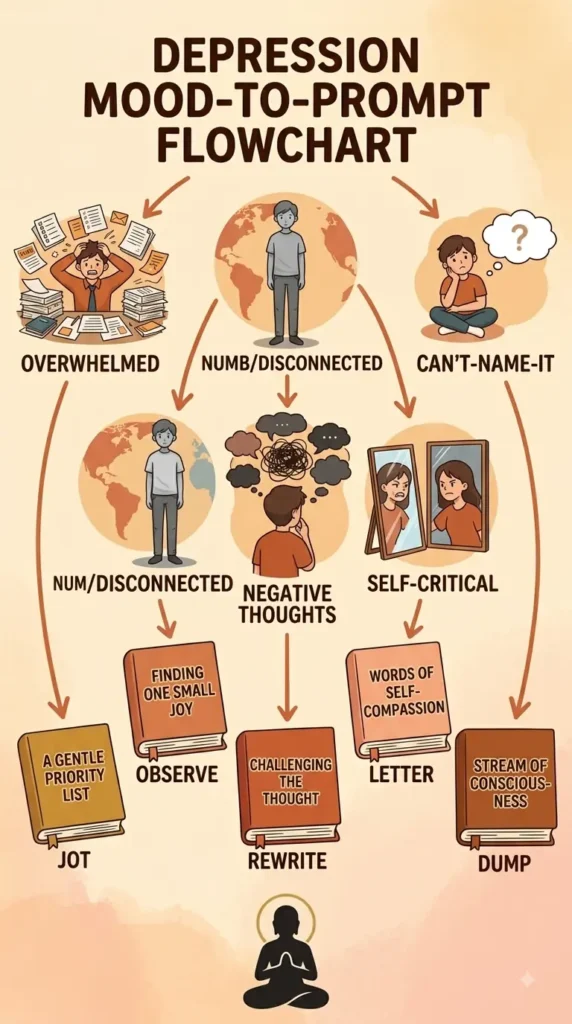 Mood-to-prompt flowchart for choosing journal prompts when depressed.