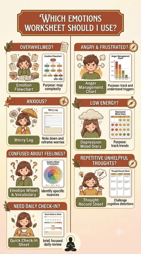 how to choose the right emotions worksheet for identifying and managing feelings.