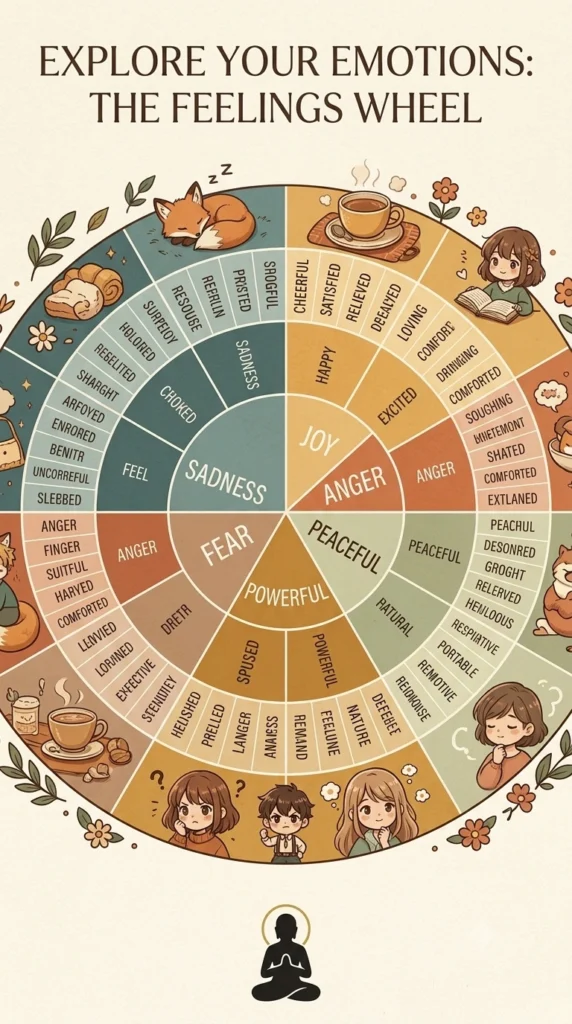 A clean, printable feelings wheel showing broad emotional categories in the center and increasingly specific feeling words toward the outer rings.