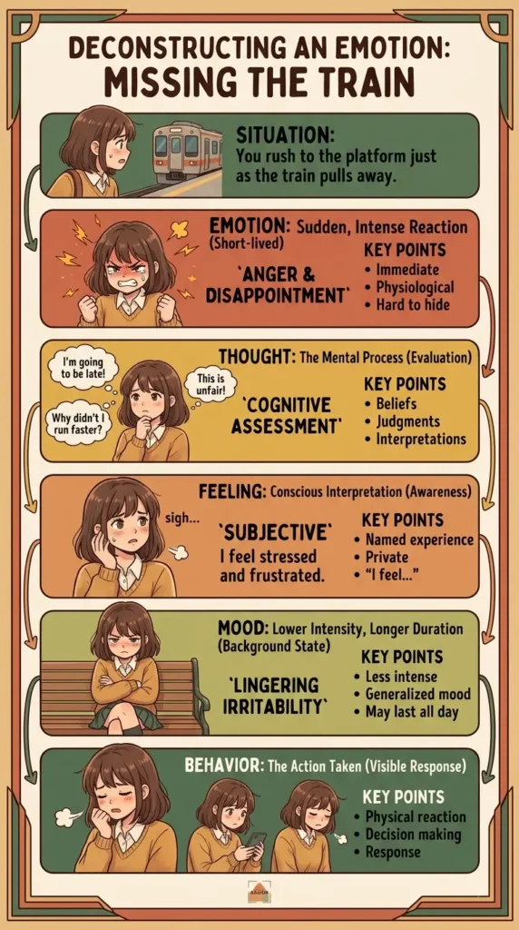 diagram comparing emotion, thought, feeling, mood, and behavior.