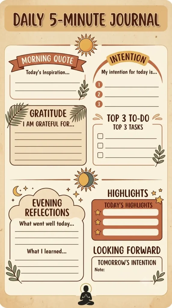 Five minute journal template with morning and evening quote prompts.