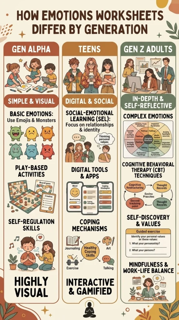 emotions worksheet examples for Gen Alpha teens and Gen Z adults.