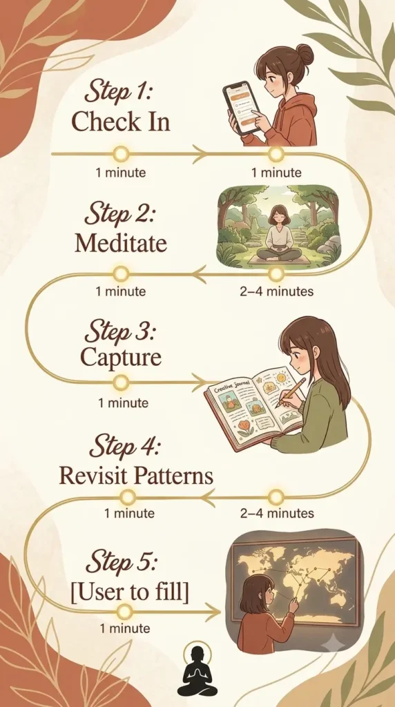 Five-minute meditation journaling routine timeline.