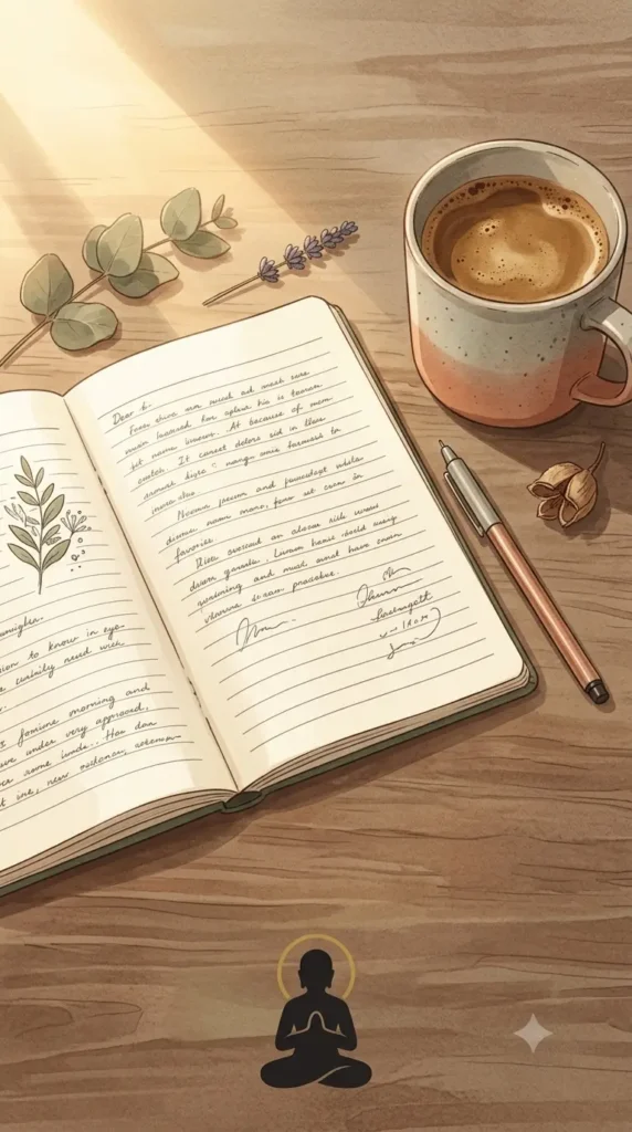 Morning journal prompts notebook with pen and morning coffee.