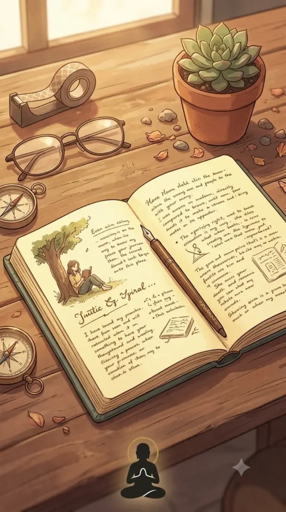 healing journal prompts flat lay with open notebook and pen.