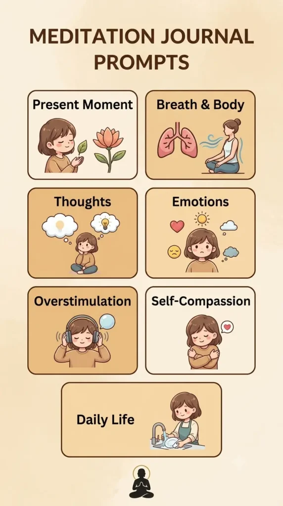 Seven meditation journal prompt categories for Gen Z adults.