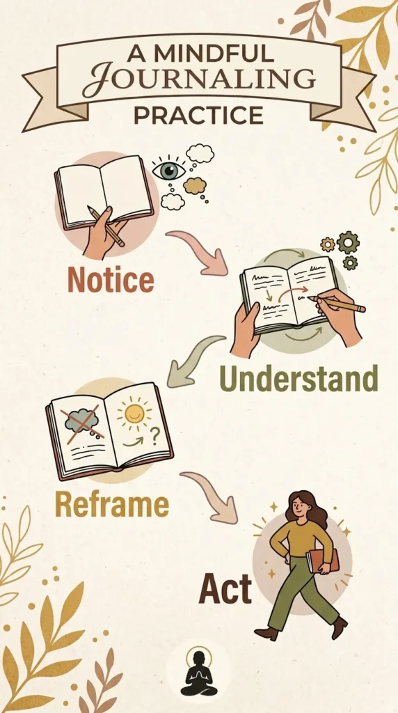 Notice Understand Reframe Act journal reflection framework.