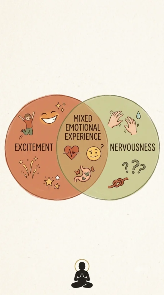 A simple two-circle overlap graphic showing two emotions such as excitement and nervousness, with the shared middle area representing a mixed emotional experience.