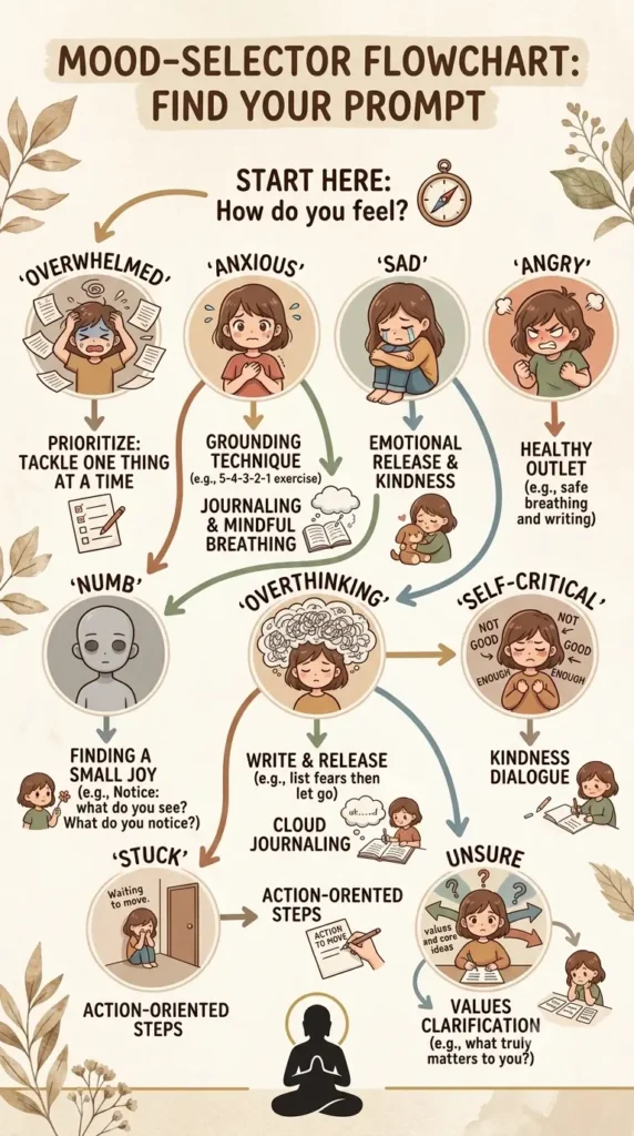 mood selector for choosing journal prompts for mental health.
