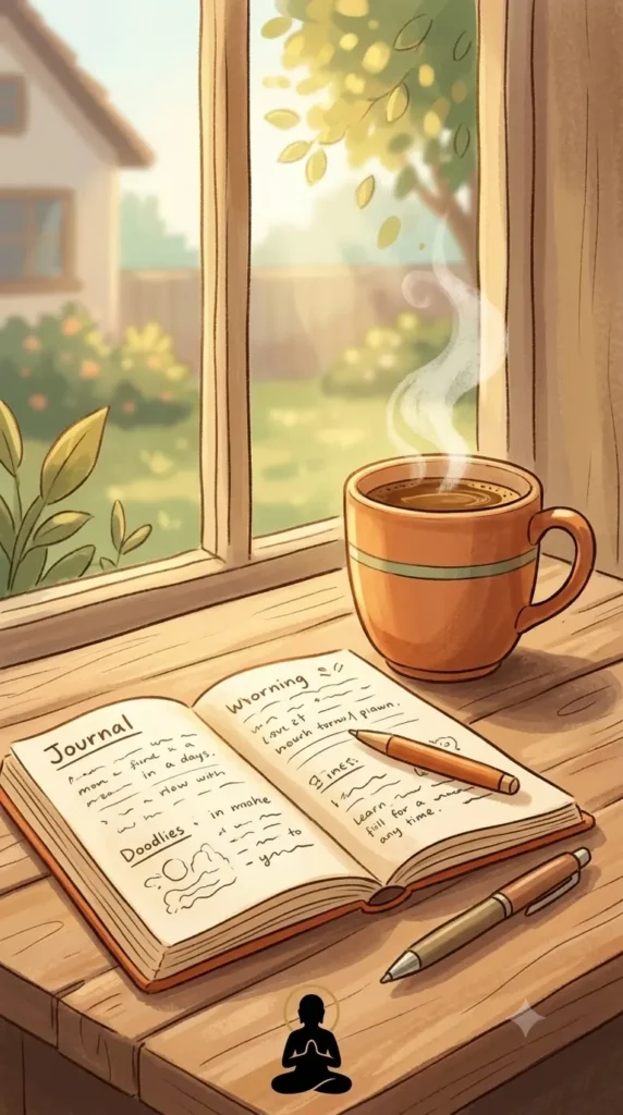 Morning coffee and open journal for five minute journaling.