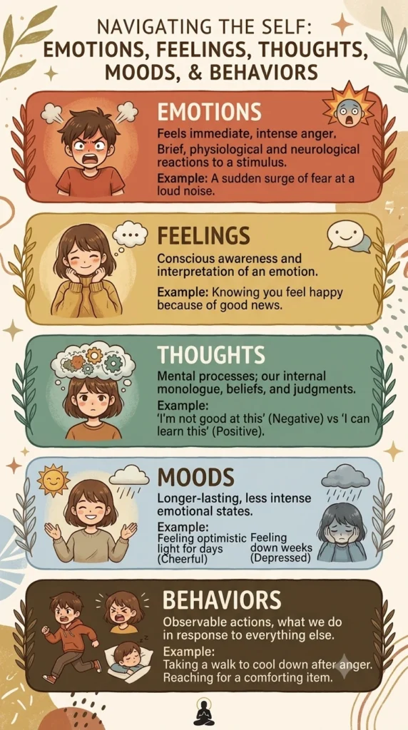 difference between emotions feelings thoughts moods behaviors.