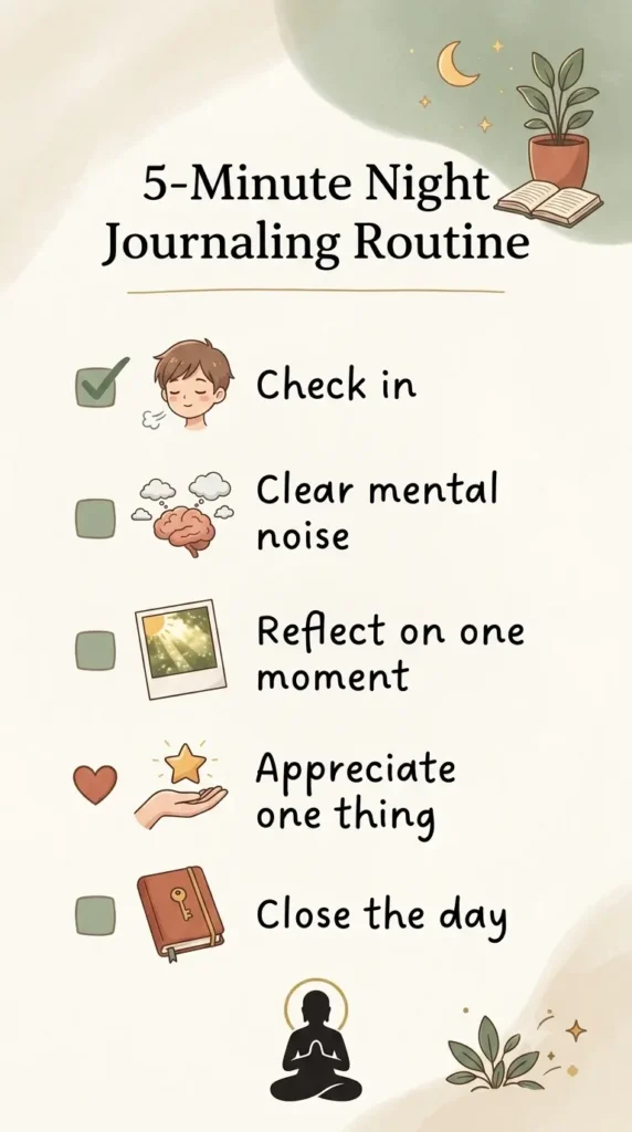 5-minute night journal prompts checklist with five simple bedtime journaling steps.