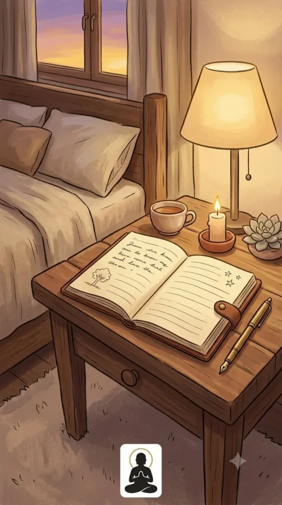 Open journal and pen beside a bed in warm evening light.