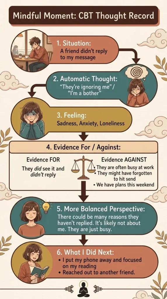 CBT thought record journal prompts diagram.