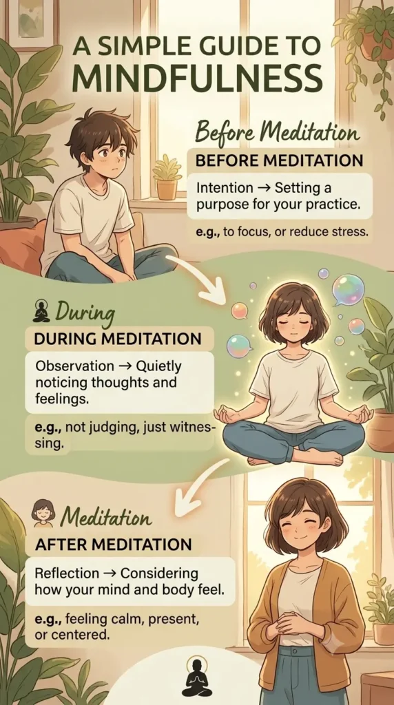Before, during, and after meditation journaling process.