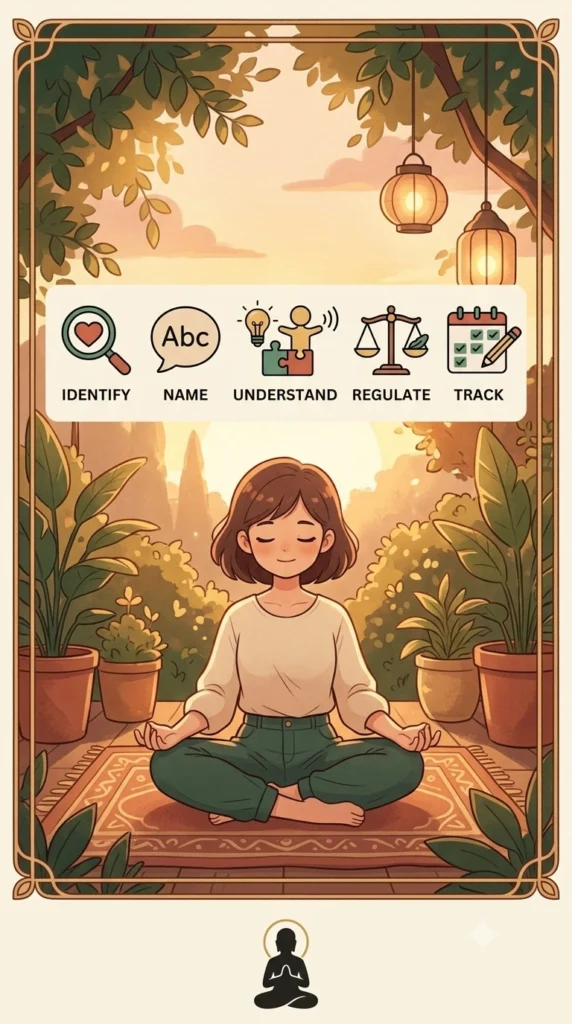 understanding emotions worksheet showing six steps for identifying and managing emotions.