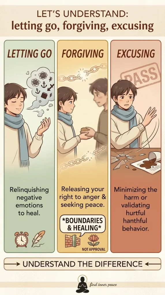 letting go vs forgiving vs excusing in healing journal prompts.