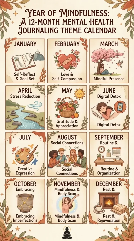 365 journal prompts for mental health month-by-month theme calendar.