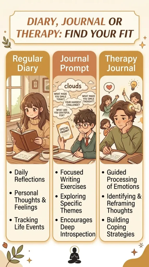 therapy journal prompts comparison between diary, journal prompt, and therapy journal.