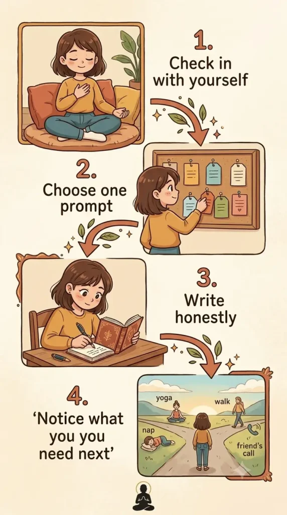 Four-step guide for choosing and using self-love journal prompts.