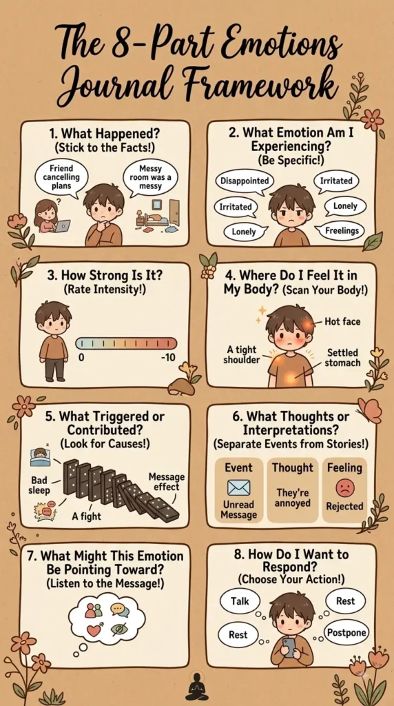 8-part emotions journal worksheet for identifying and understanding feelings.