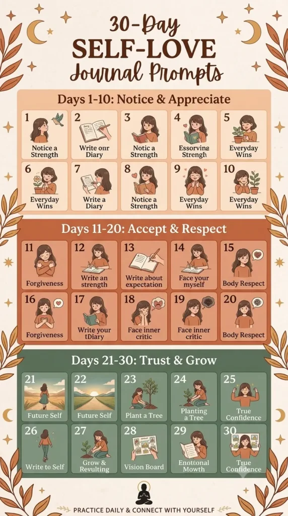 30 day self love journal prompts challenge printable calendar.