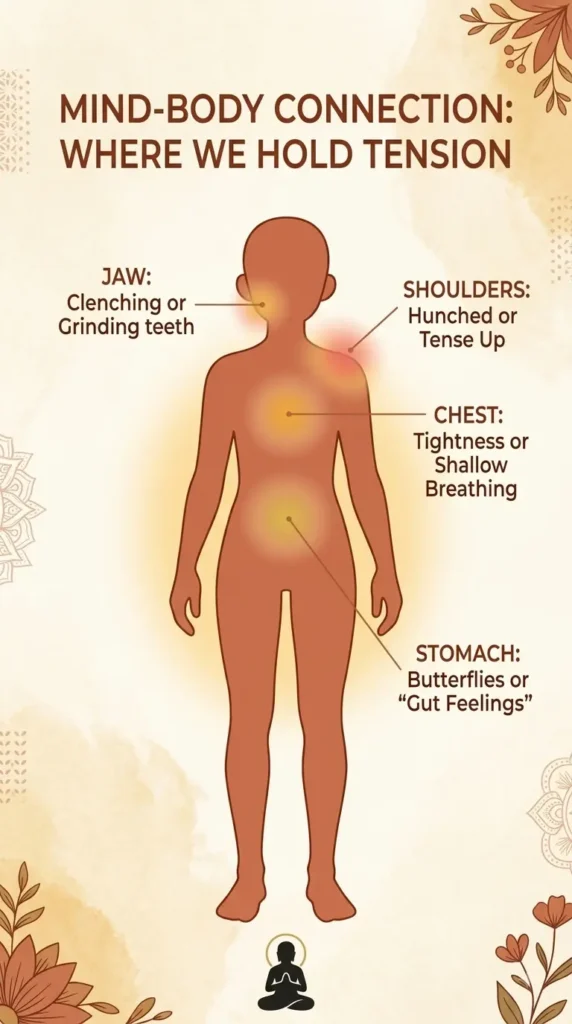 Body map for emotional awareness showing common tension zones in the jaw, shoulders, chest, and stomach.