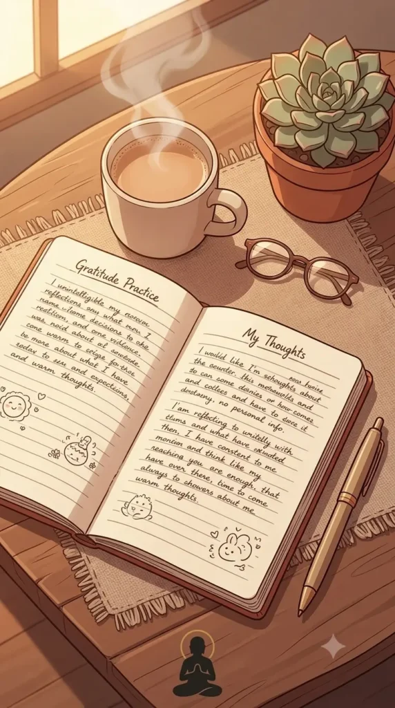 Warm lifestyle flat-lay featuring an open journal, pen, coffee or tea, and a small plant, with handwritten reflections visible but no personal information. 