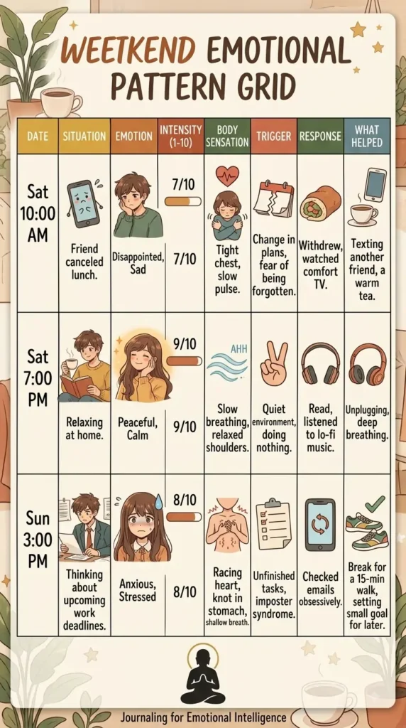 weekly emotional pattern review grid for an emotions journal.